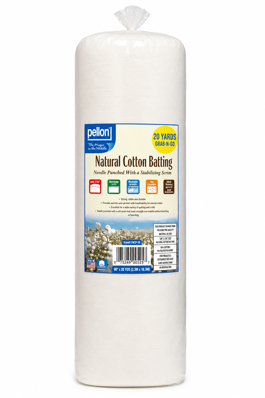 Pellon Natural Cotton Batting With Scrim 90" x 20 Yard Roll