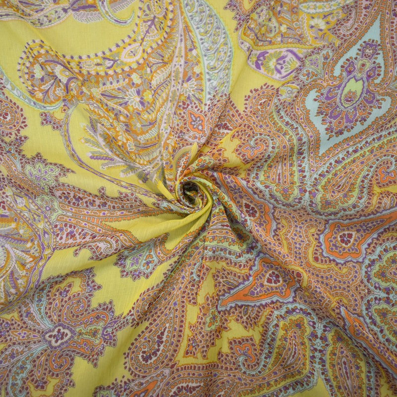 Yellow-Beige-Multi Poly Paisley Printed Crinkle Yoryu Chiffon Woven Fabric