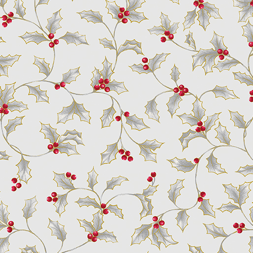 A Botanical Season: HOLLY and BERRIES PEWTER Fabric (1/2 yd)