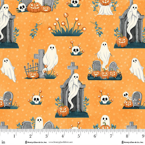 Ghosts in the Graveyard: Allover GHOST, PUMPKINS and SKULLS Glow Orange Fabric (1/2 yd)