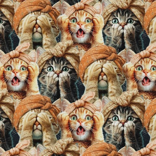 Please Seat Yourself Three Wise Cats Multi-colored quilting cotton fabric by Jim Baldwin for 3Wishes