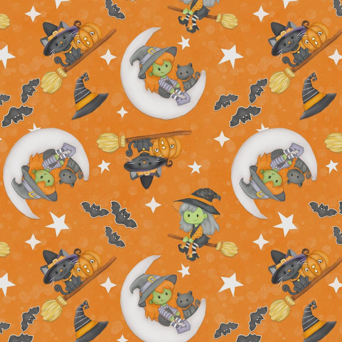 Moonlight Mischief Witch & Cat on Moon Orange Glow in the Dark fabric