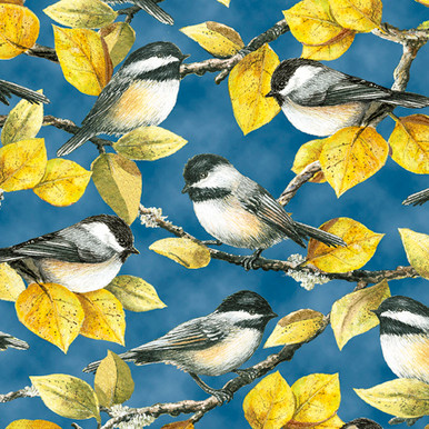 QT Fabrics | Chickadees 29824-B Packed Chickadees Blue Sky Cloud Fall Leaves | SOLD BY THE HALF-YARD