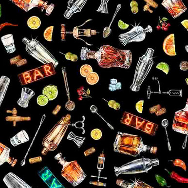 QT Fabrics That's The Spirit Bartender Toss Cocktail Fabric 31004-J| SOLD BY THE HALF-YARD