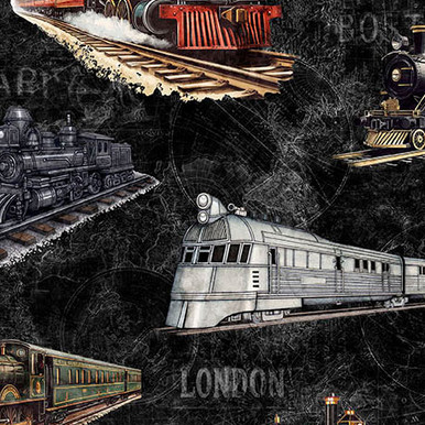 QT Fabrics Steam and Steel 31633-J Trains Charcoal | SOLD BY THE HALF-YARD