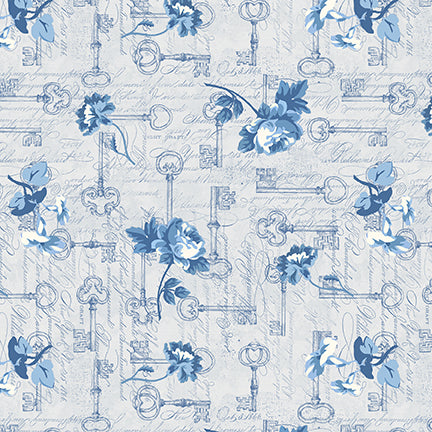 English Blue & White: LIGHT GRAY FLOWERS With Keys Fabric (1/2 yd)