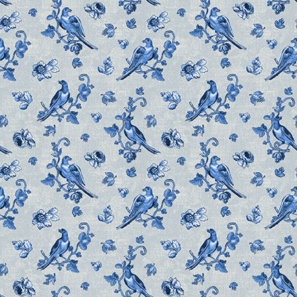 English Blue & White: LT GRAY BIRDS With Flowers Fabric (1/2 yd)