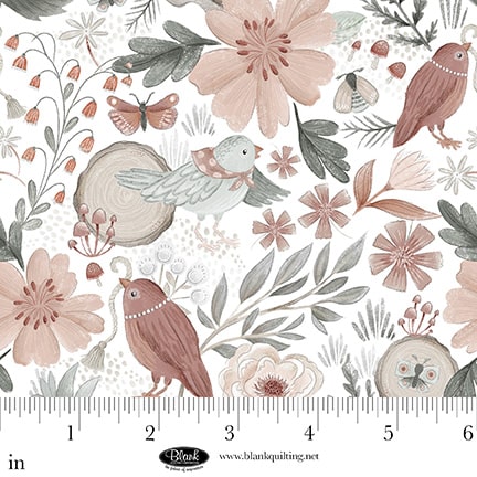 Petals & Pewter: BIRDS and FLOWERS WHITE Fabric (1/2 yd)
