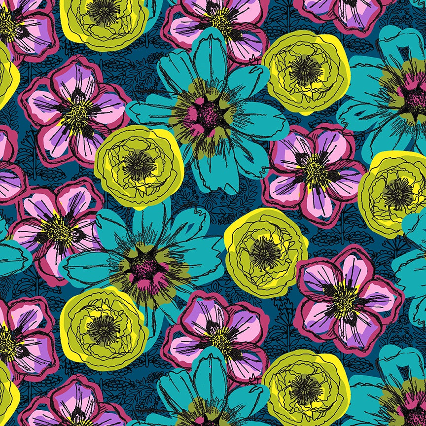 Winding Road Flower Fields Teal quilting cotton fabric by Natalie Barnes