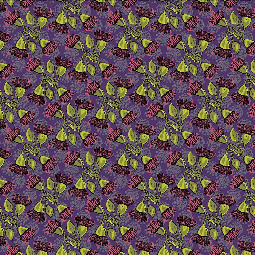 Winding Road Eucalyptus Grape quilting cotton fabric by Natalie Barnes