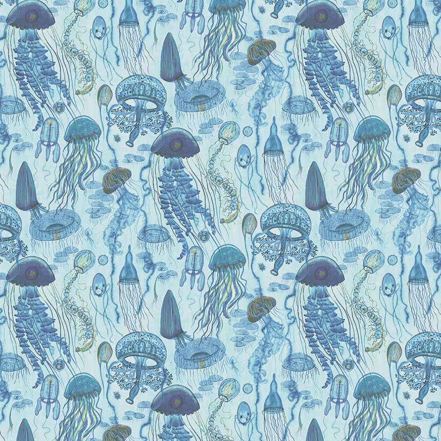 Deep Blue Jellyfish Field Aqua fabric