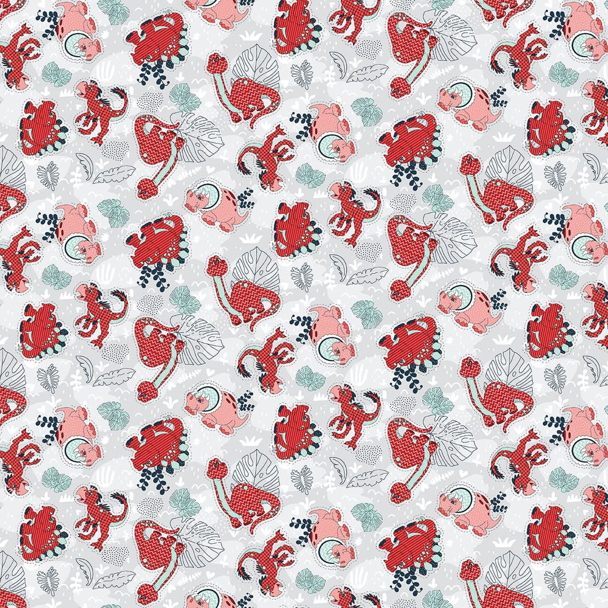 Born to Roar - Pink and Red Dino - Light Gray - per yard - by Leanne Anderson & Kaytlyn Kubler for Henry Glass - 582-91 Light Gray