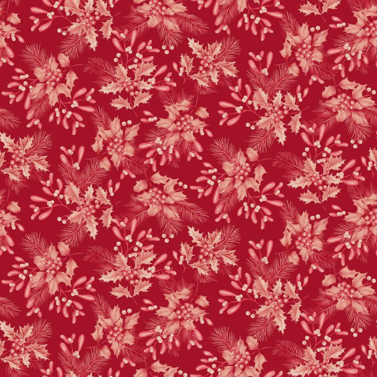 Holiday Feather & Flourish Holly and Mistletoe Red fabric | 9268-88 Red