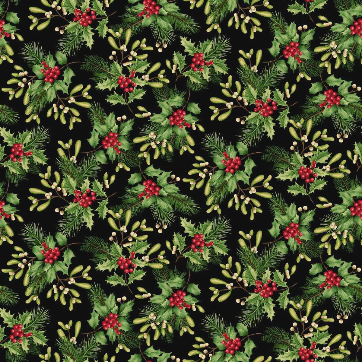 Holiday Feather & Flourish Holly and Mistletoe Black Multi fabric | 9268-99 Black Multi