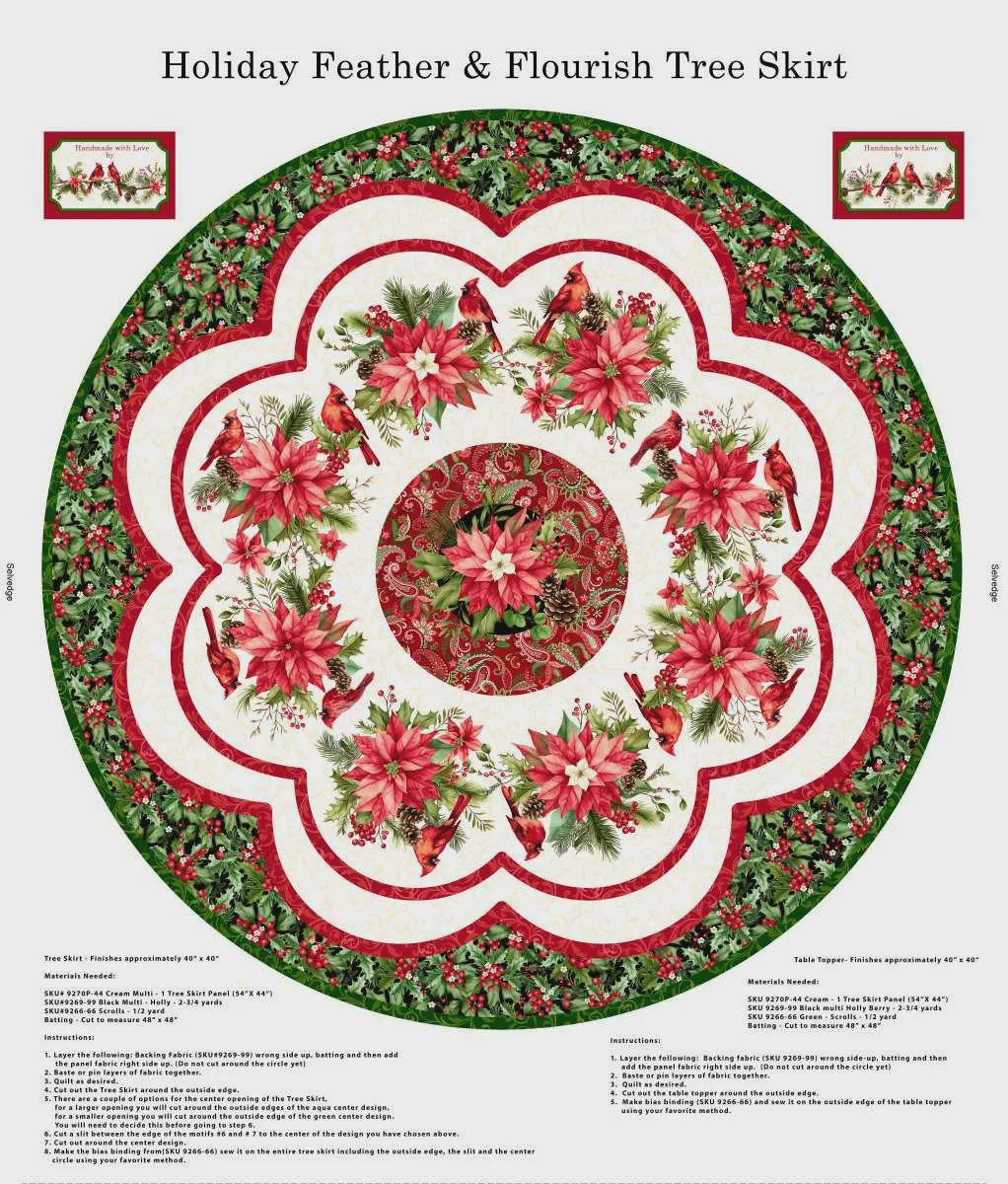Holiday Feather & Flourish Tree Skirt Panel 54x44" Cream Panel fabric | 9270P-44 Cream