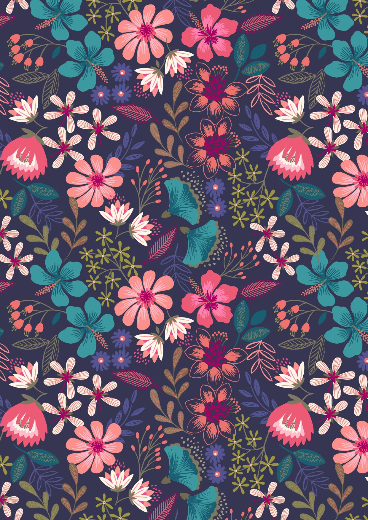 Lewis & Irene Hummingbird--Summer Floral on Dark Blue