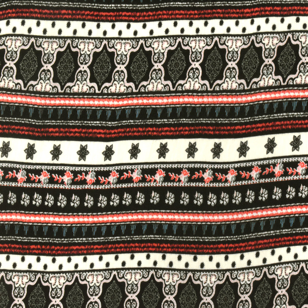Black-Ivory-Multi Moroccan Stripe Printed Stretch Rayon Jersey Knit Fabric