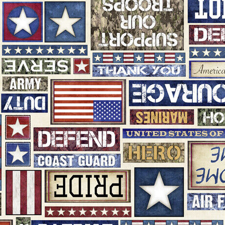 All American Patriotic Text Cream Dan Morris Quilting Treasures Cotton FabricQT-27617-E