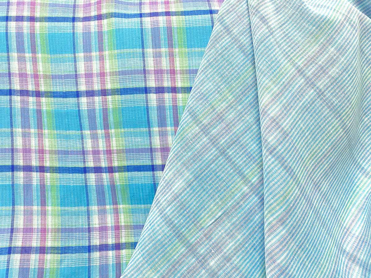 Beachcomber Reversible Cotton Gauze Fabric - Color combo 18 Aqua + White Stripe