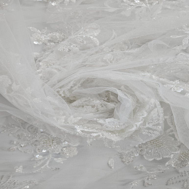 Beaded and Embroidered Tulle White