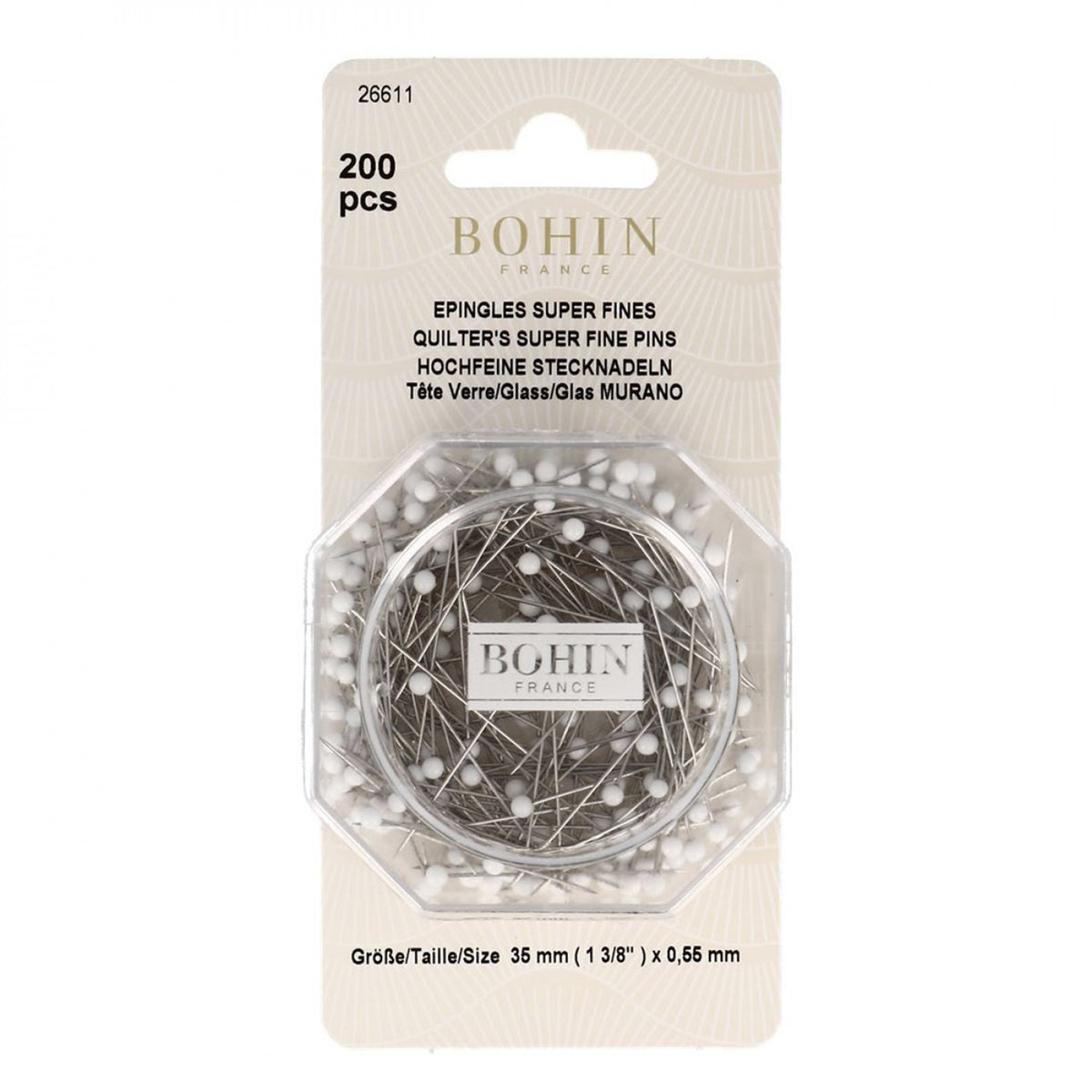Bohin Glass Head Pin White Size 28 - 1 3/8in 200ct