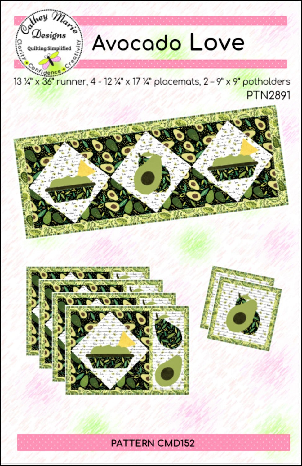 Avocado Love - Runner, Placemats and Potholders PATTERN - Uses Avocado Love by Northcott - Pattern by Cathey Marie Designs - runner finished size 13 1/4" X 36" - CMD152