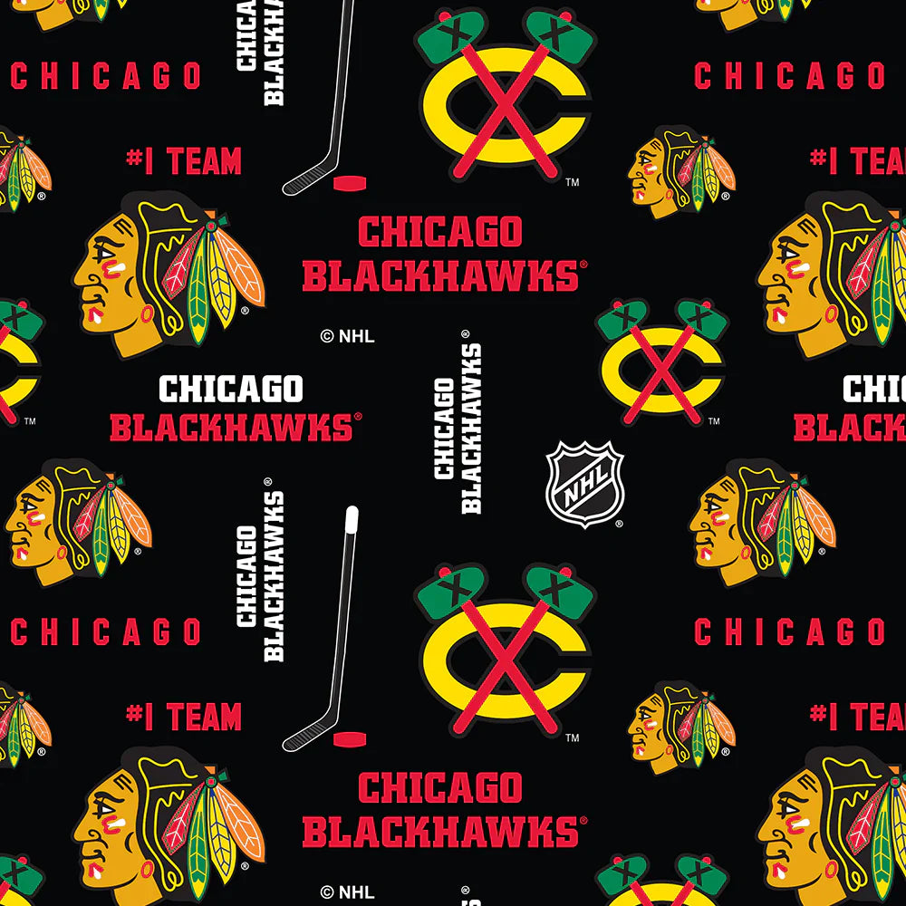 Chicago Blackhawks NHL Hockey Allover Sykel Cotton Fabric NHL-169-BLK