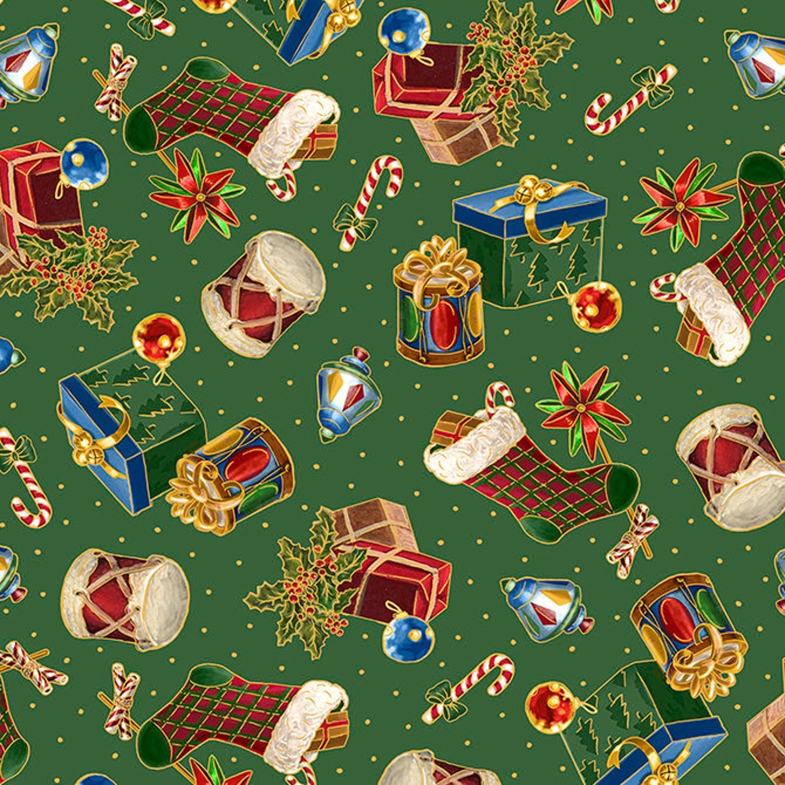 Christmas Eve Toys TossedForest Green Quilting Treasures Cotton Fabric