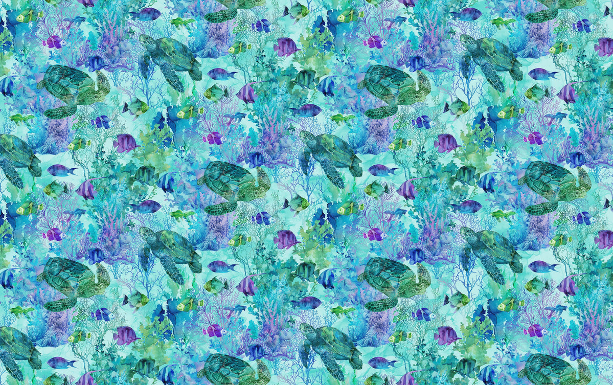 Coral Reef Turtle & Fish Turquoise Multi quilting cotton fabric | Northcott