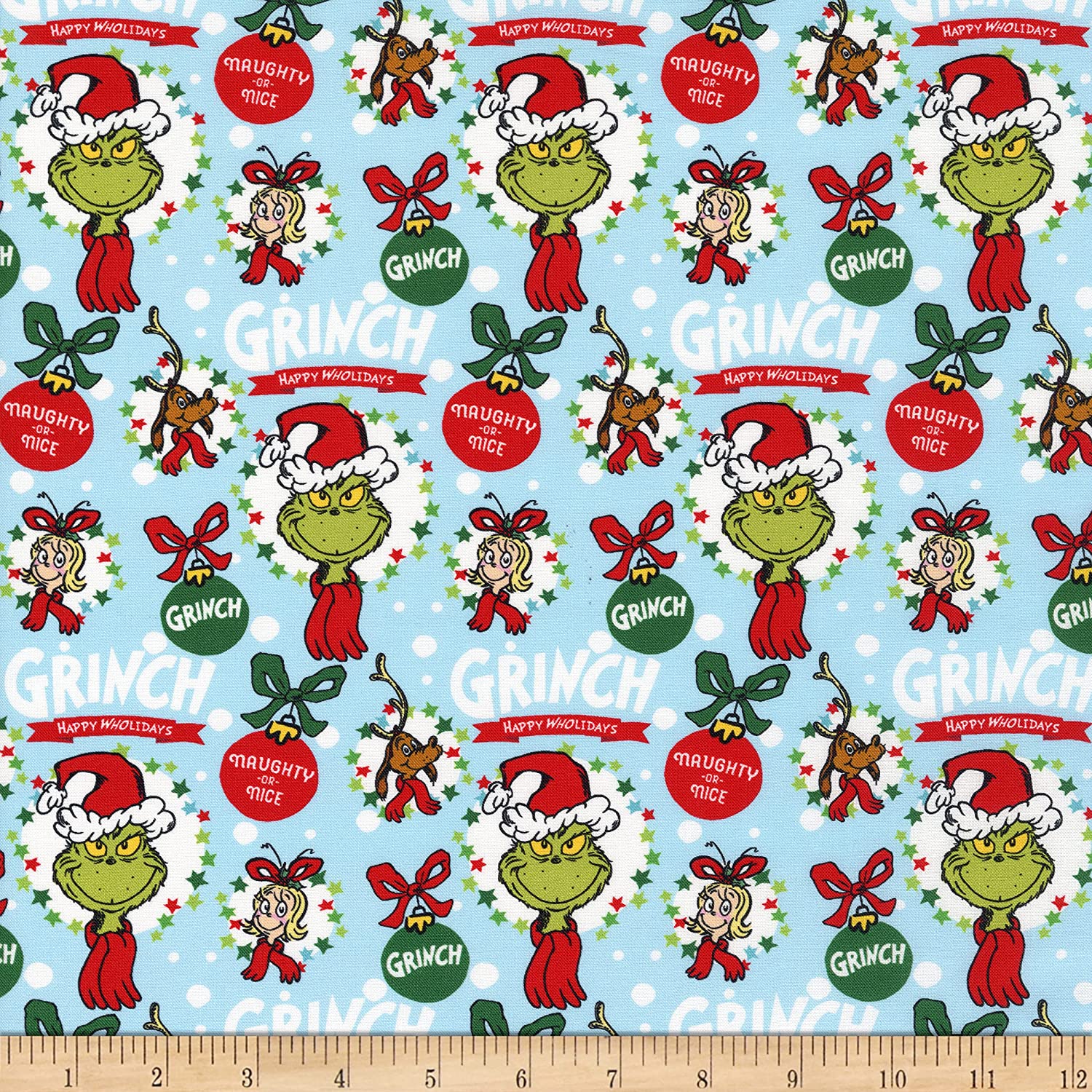 Dr Seuss How the Grinch Stole Christmas Ornaments Blue Robert Kaufman Cotton Fabric RK-ADE-20278223
