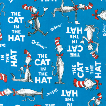 Dr Seuss The Cat a Hat Tossed Cat Words Celebration Blue Robert Kaufman Cotton Fabric RK-ADE-10796-203
