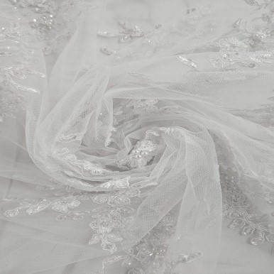 Embroidered and Beaded Tulle White