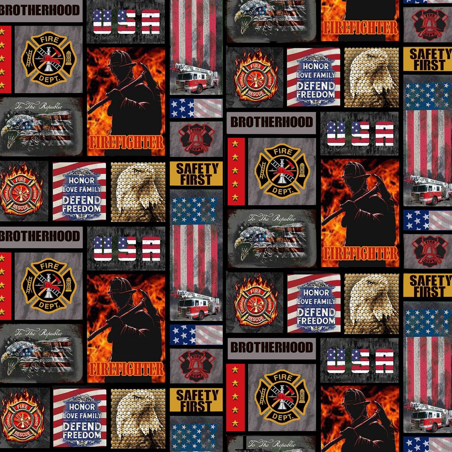 Firefighter New Block US Flag Fireman Badge Eagle Sykel Enterprises Cotton Fabric SYK-1339-FF