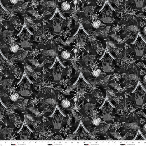 Fabric Studio E Black Haunted House Motif Fear Factory by the Quarter Yard 8339-99