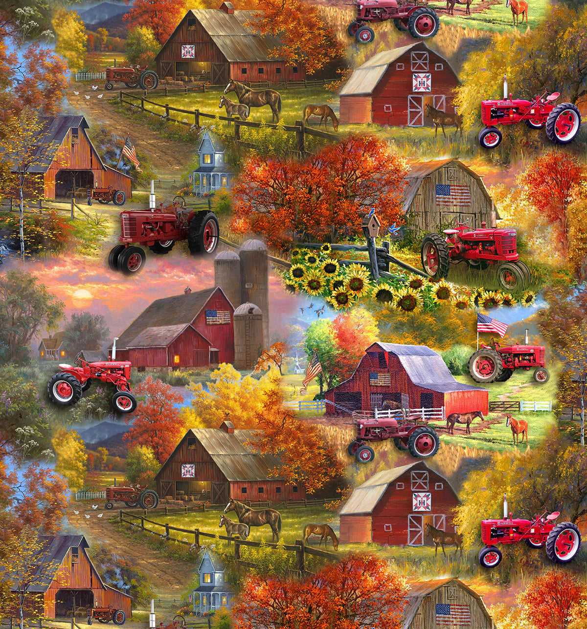 Farmall Patriotic Barns Red Tractor Nature Multi Sykel Cotton Fabric SYK-10525
