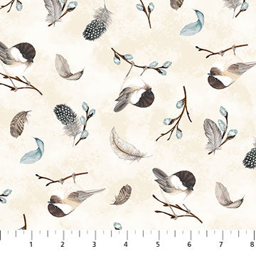 Feathered Nest Tossed Chicadees and Feathers Cream Northcott Fabrics Cotton Fabric