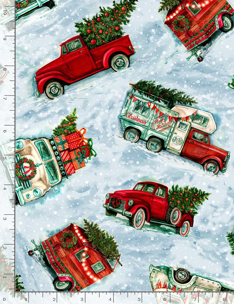 Feeling Festive Trucks Holiday Trucks Blue Timeless Treasures Cotton Fabric TT CD1386 Blue