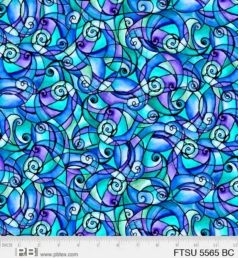 Flower To The Sun Stained Glass Swirl Blue Robin Mead P&B Textiles Cotton Fabric PB-FTSU-5565-BC