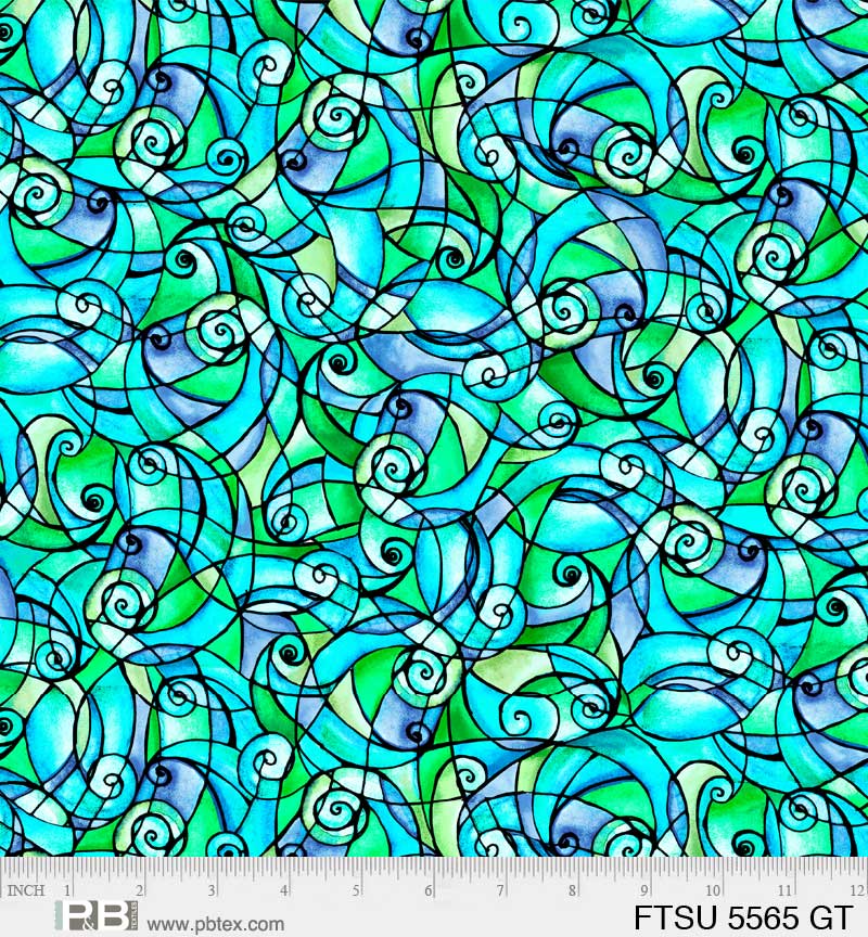 Flower To The Sun Stained Glass Swirl Green Robin Mead P&B Textiles Cotton Fabric PB-FTSU-5565-GT