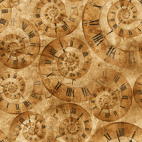 Full Steam Ahead Clock Swirls Tan Urban Essence Designs Blank Quilting Cotton Fabric