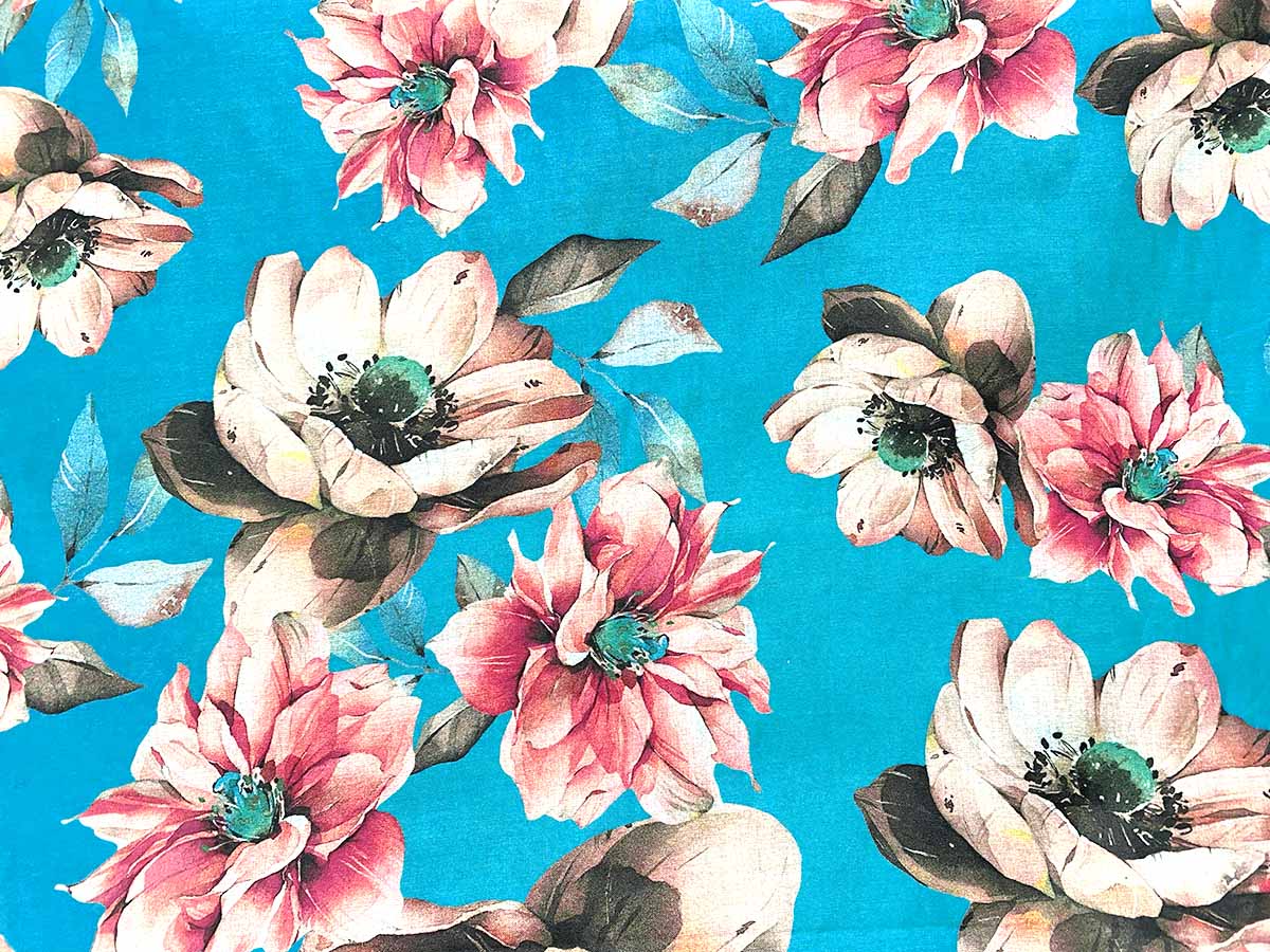 Printemps Digital Cotton Shirting Fabric - 62238 Sea Green with Pale Pomegranate