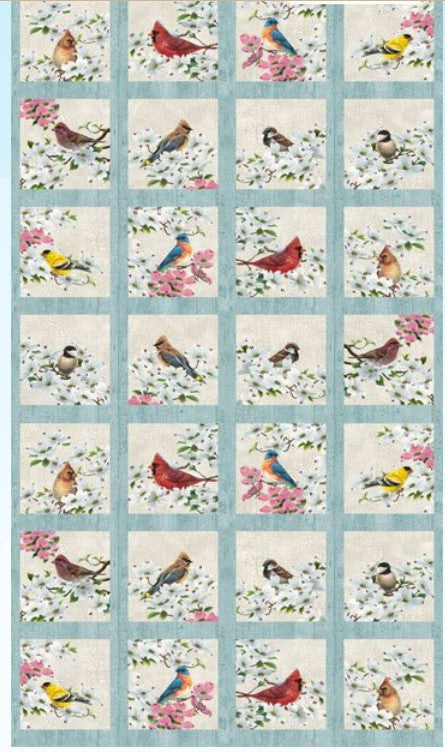 Joys of Spring Birds Cherry Blossom Panel 24" Blue Abraham Hunter Northcott Fabrics Cotton Fabric NC-DP23006-11