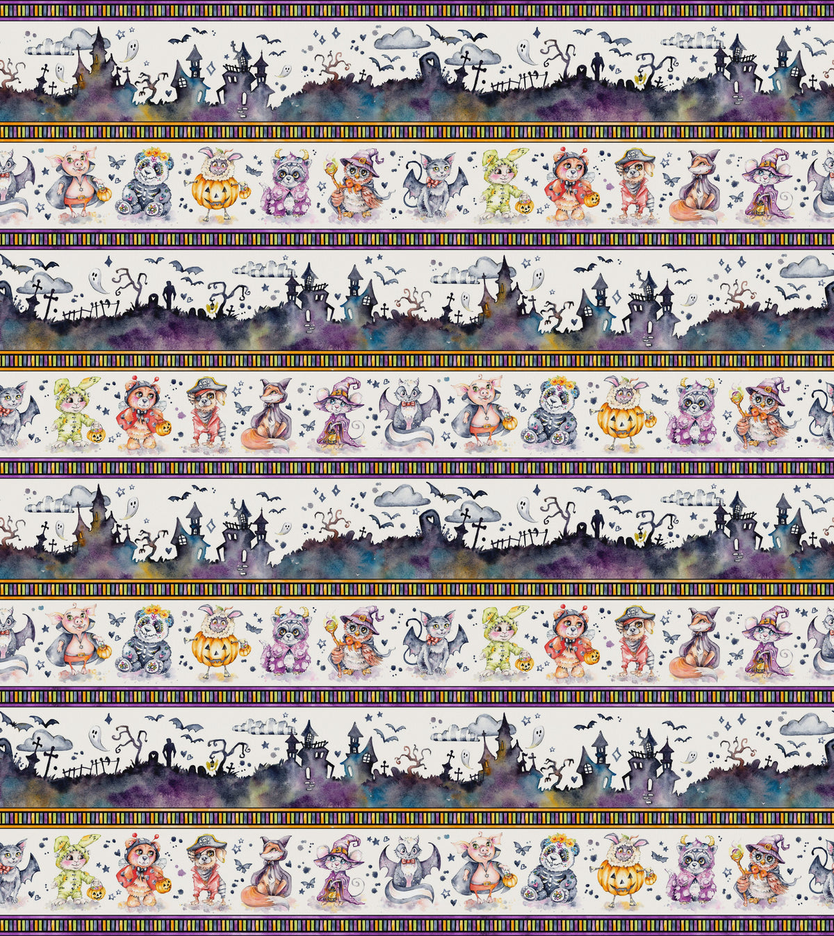 Little Darlings Halloween Spooky Scene Border Stripe White fabric