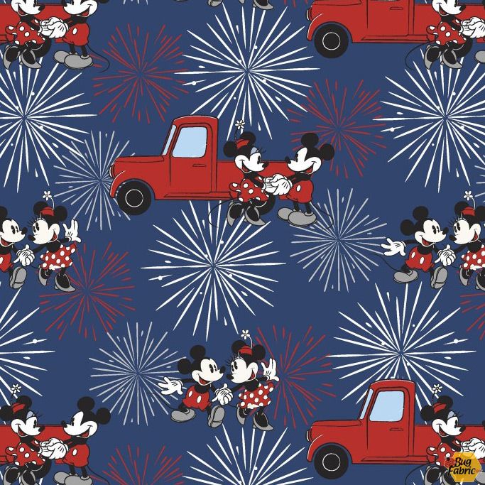 Mickey and Minnie Mouse Fireworks Patriotic Blue Metallic Springs Creative Cotton Fabric