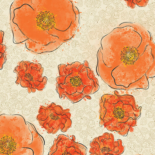 Modern Vintage: Treasured Poppies Natural Rachel Rossi Benartex Cotton Fabric BE-16593-70