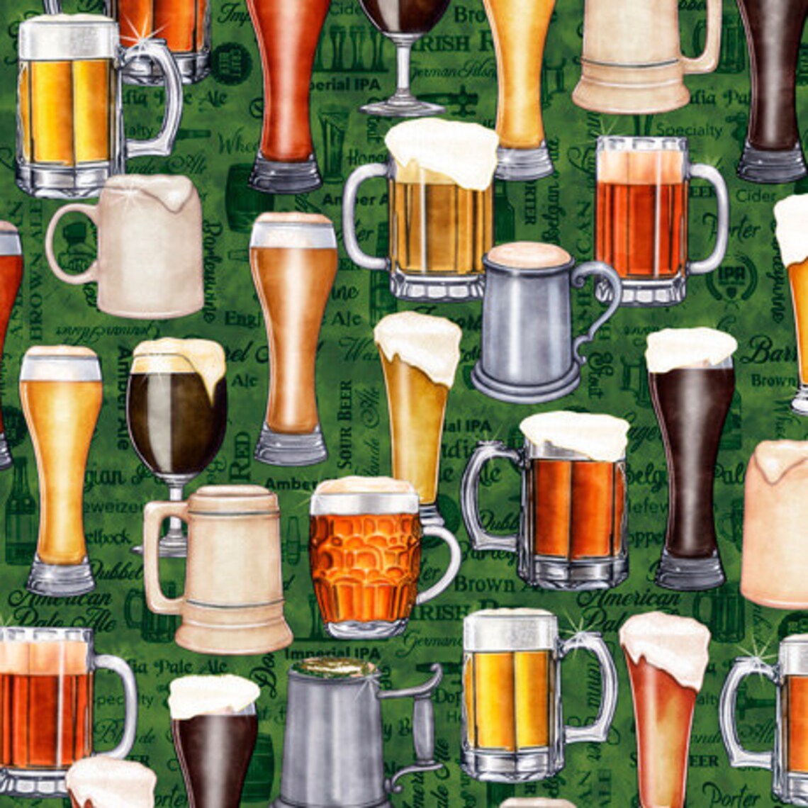 On Tap Mugs Glasses Green Quilting Treasures Cotton Fabric