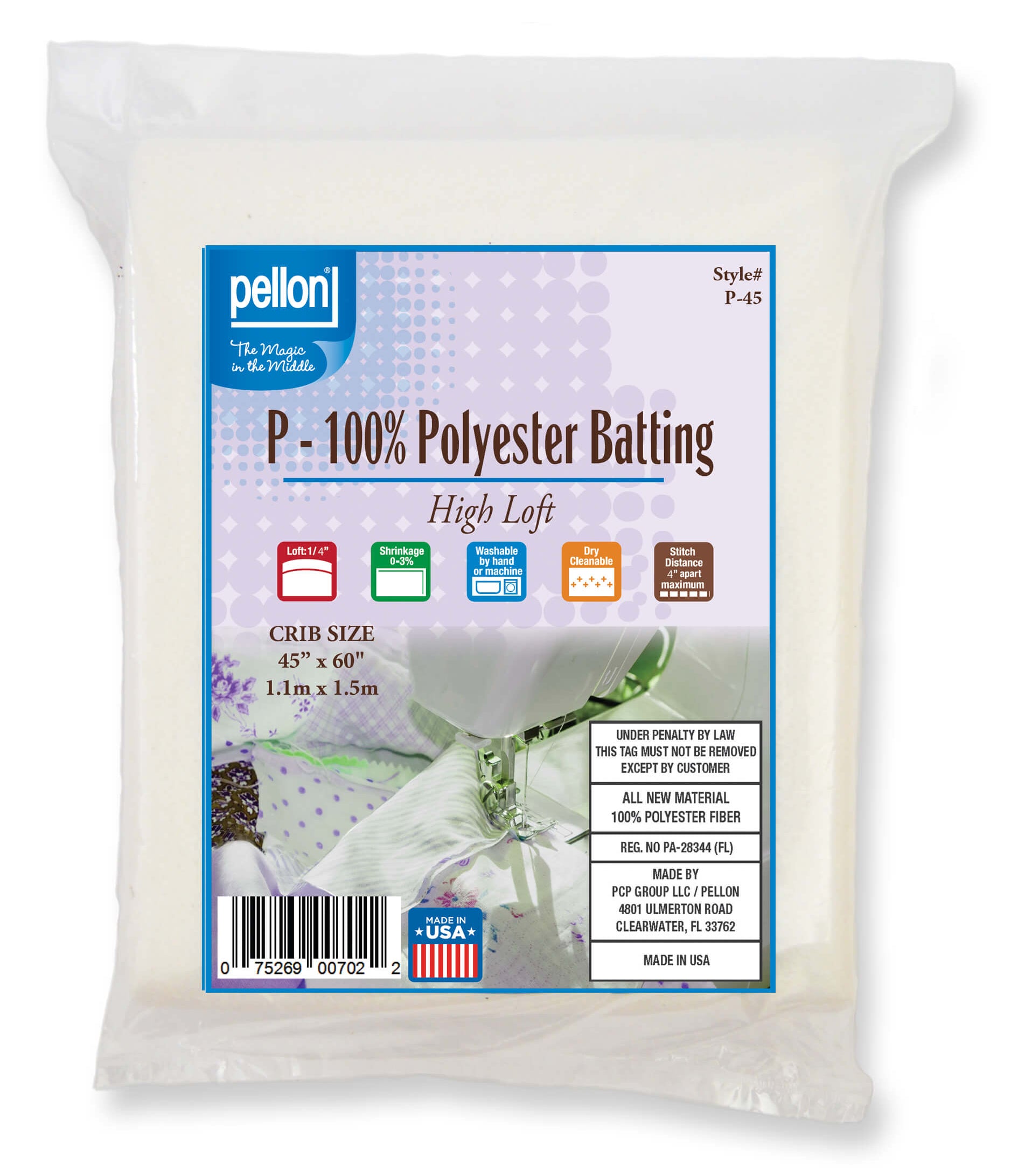 Pellon Polyester Batting – 45" x 60" Crib Size Package