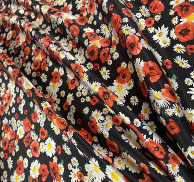 Printed Silk Charmeuse - Poppies and Daisies on Black