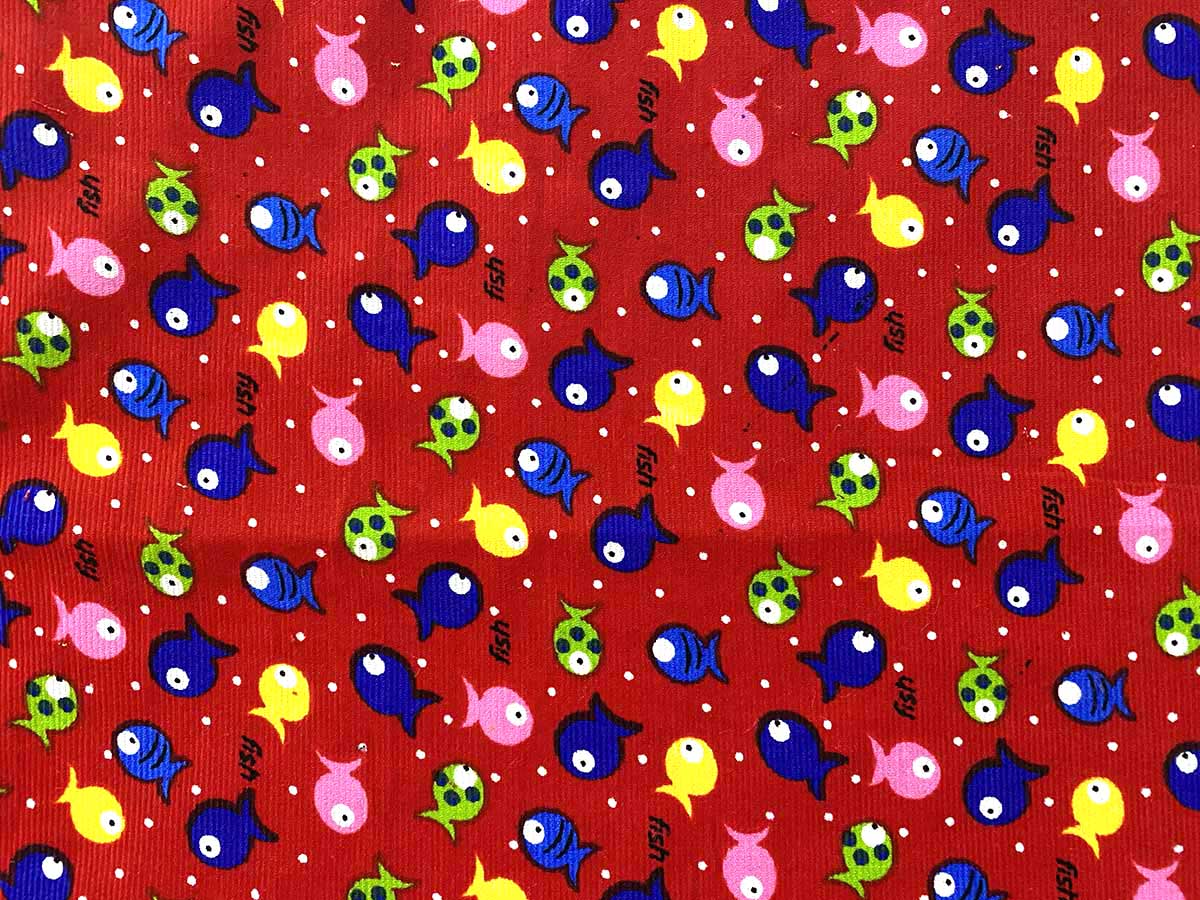 Pinwale Cotton Corduroy Print - Tiny Fish on Red col. 14