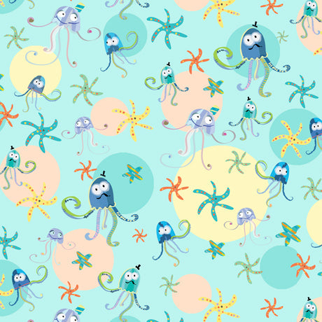Sea Buddies Jelly Fish Starfish Aqua Blue Dan Morris Quilting Treasures Cotton Fabric